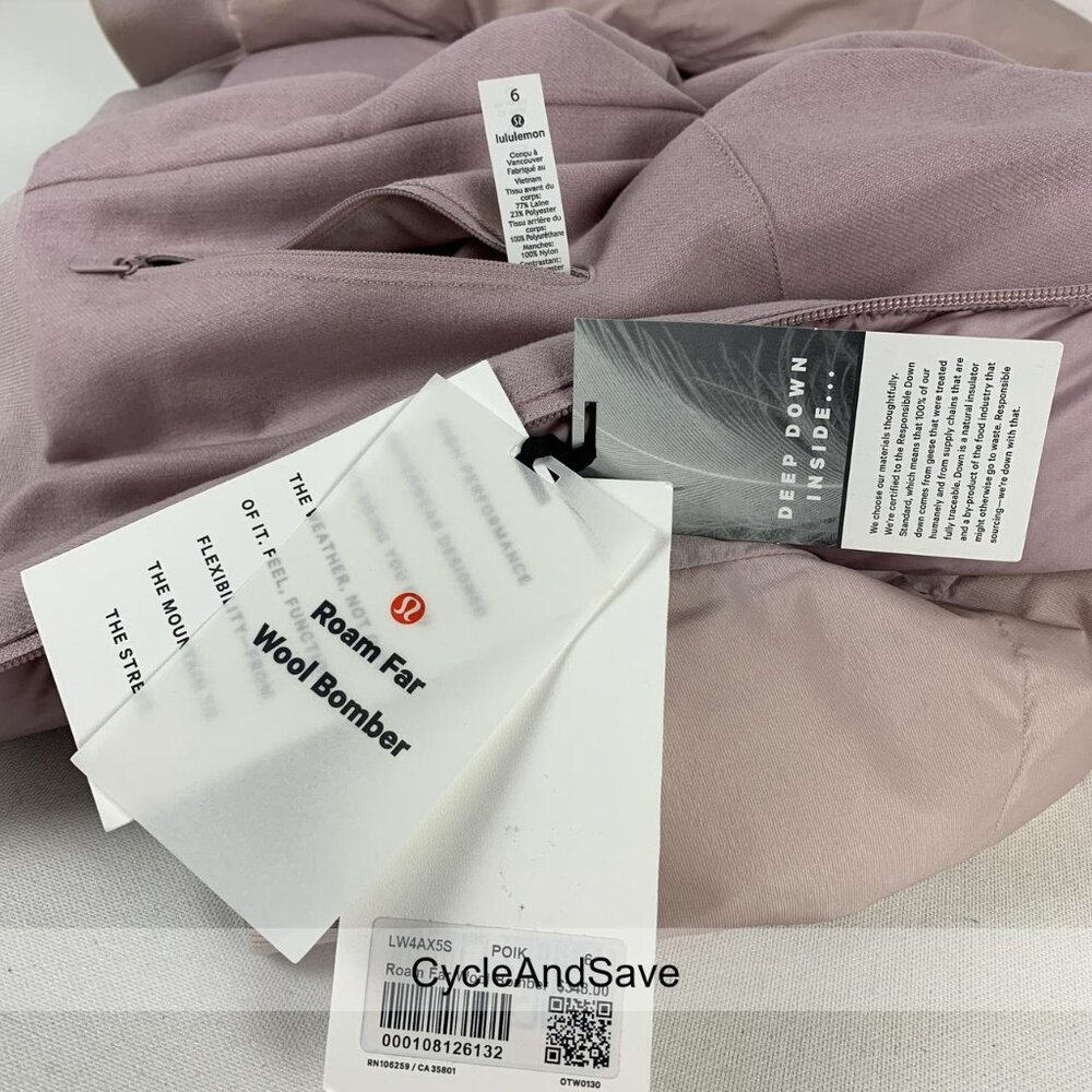 Lululemon Roam Far Reversible Wool Bomber Puffer Jacket - Porcelain Pink, Size 6 - Picture 6 of 8